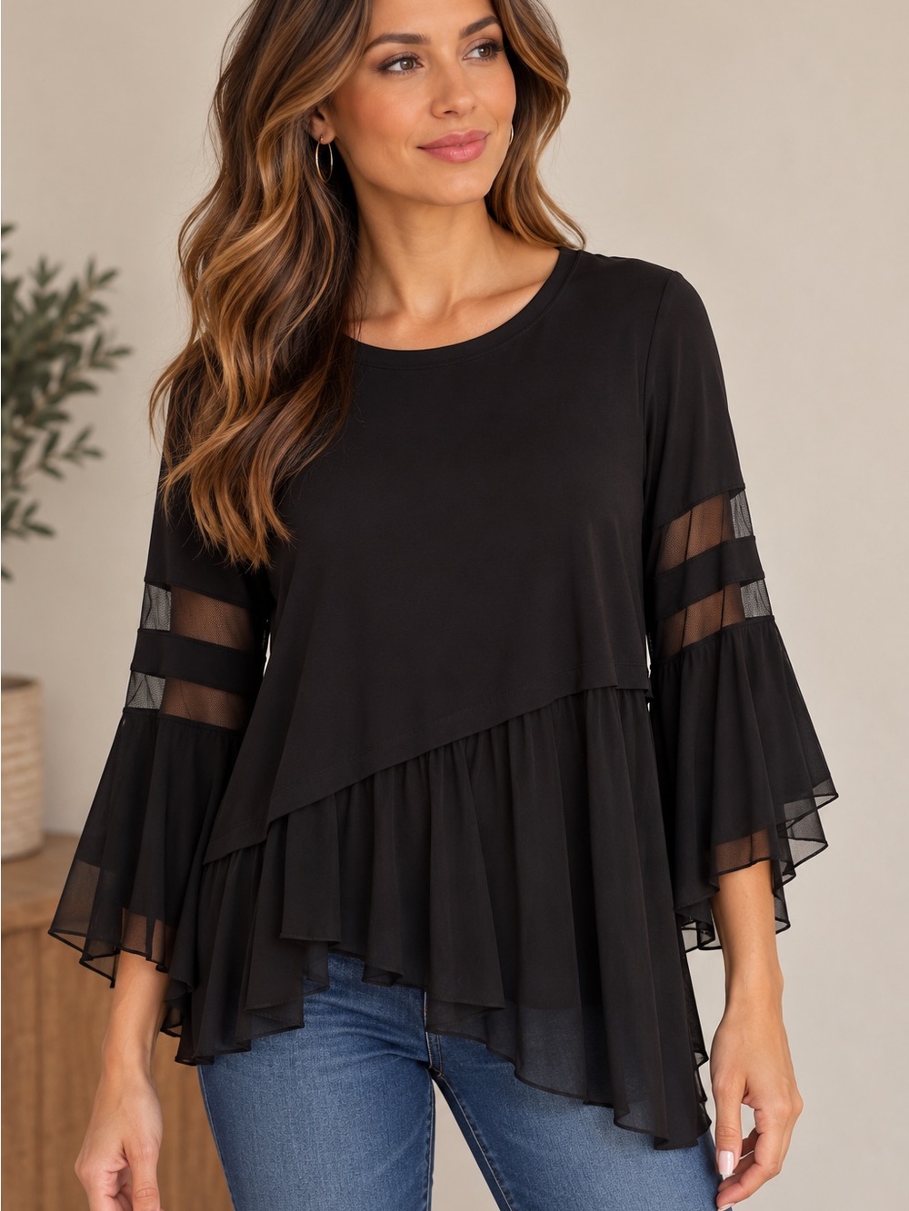 Frank Lyman Design Black Layered Sheer-Sleeve Tunic